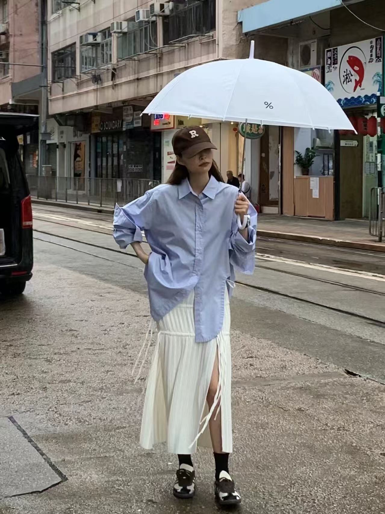蓝色衬衫女中长款2025早秋新衬衫