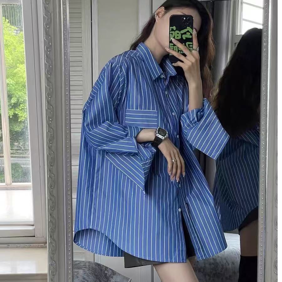 中长款蓝白条纹衬衫女设计感小众衬衫