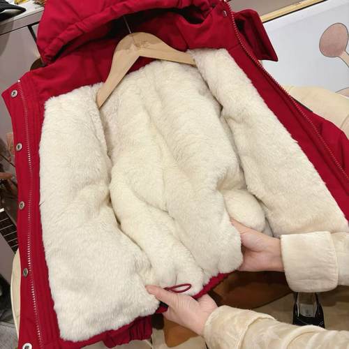 儿童加绒加厚棉服红色棉外套男童派克服新款冬季棉衣童女童装冬装