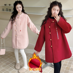 新中式爆款超好看拜年外套女童红色毛呢大衣加绒厚双排扣2025冬装