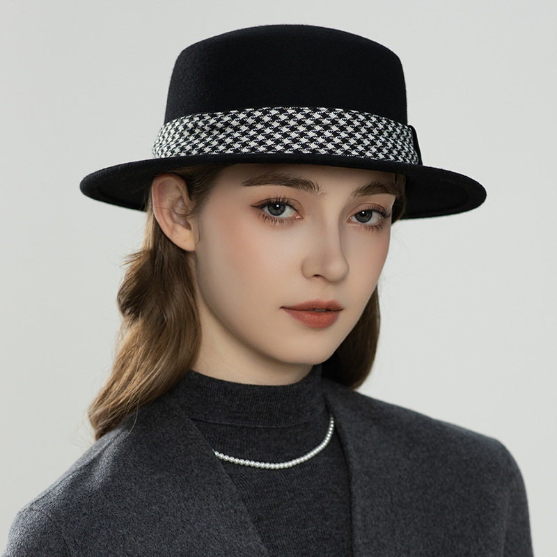 韩版英伦风千鸟格纹礼帽秋冬时尚羊毛毡帽优雅平顶羊毛帽女帽子