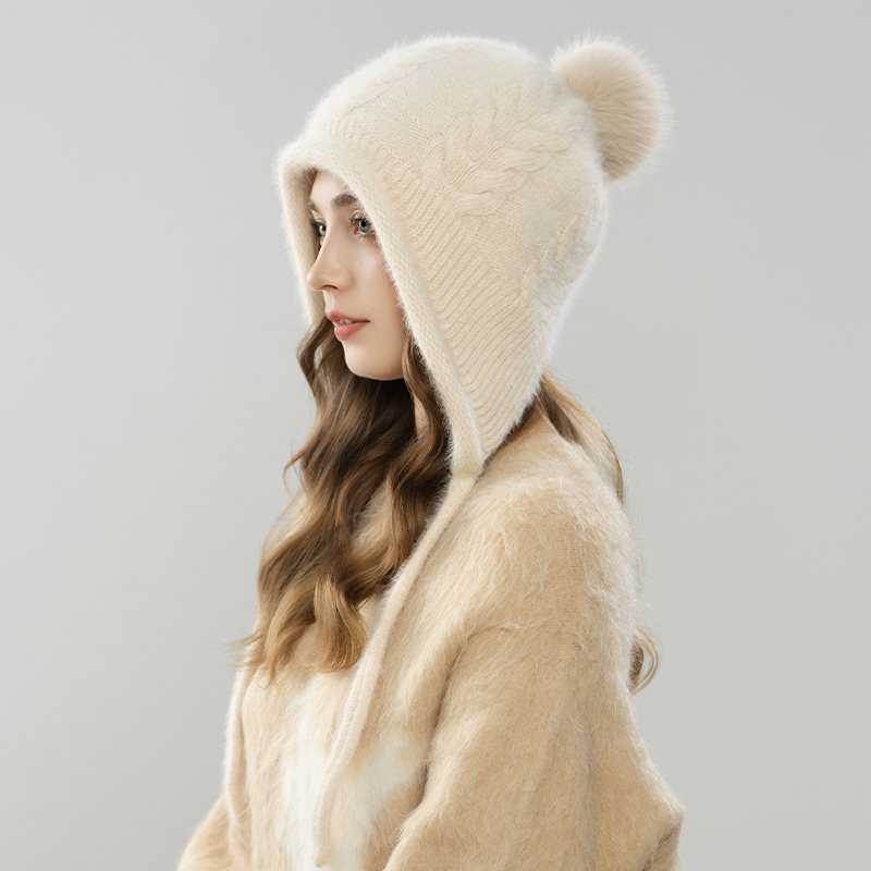 慵懒风兔毛针织帽女冬季麻花纹双层加厚保暖大毛球护耳帽显脸小