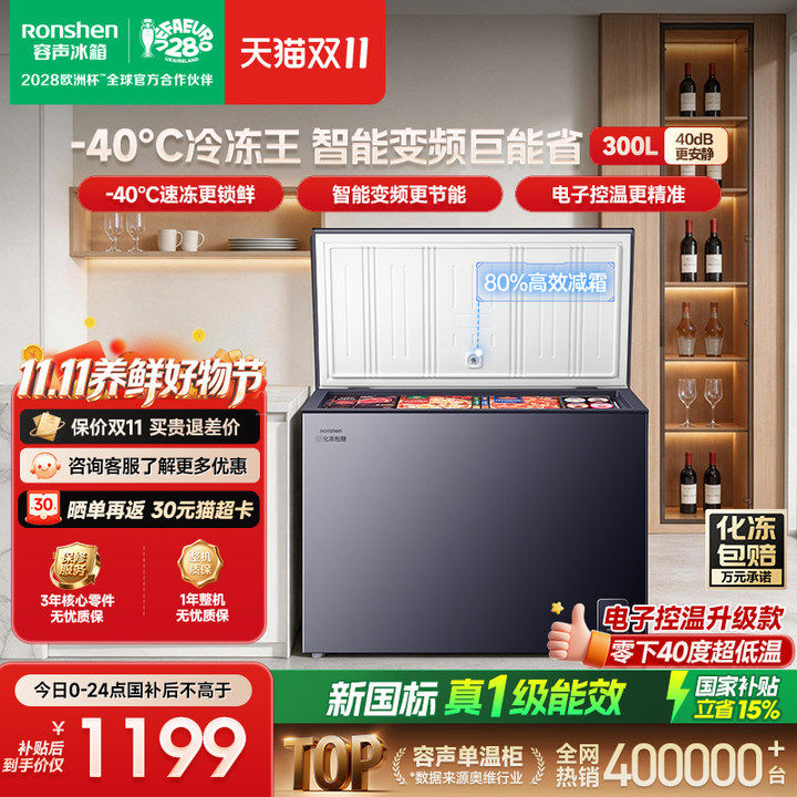 容声新款300升小冰柜家用小型-40℃冰柜冷冻冷藏变频冷柜一级冰