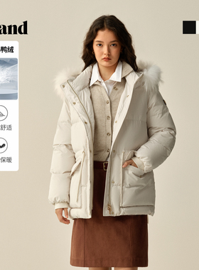 Eland衣恋泡芙羽绒服女时尚毛领大口袋保暖鸭绒外套2025冬季新款