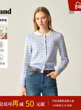 【可机洗羊毛】Eland衣恋毛针织衫女翻领长袖格纹开衫2025冬新款