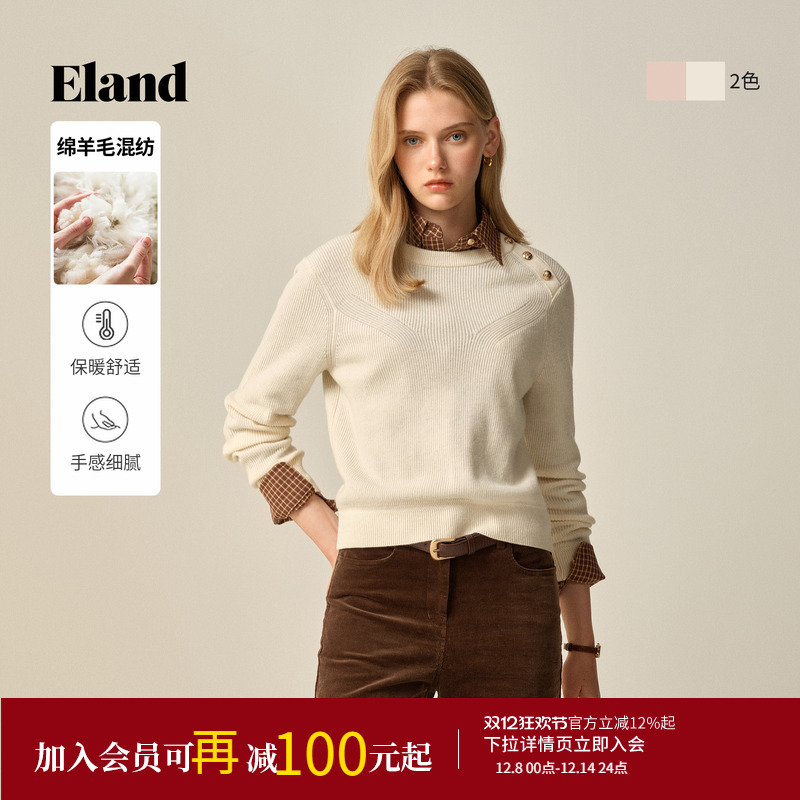 ELAND毛衣纯色圆领长袖