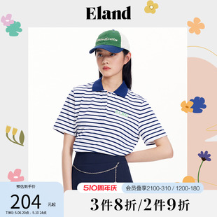 型条纹短袖 上T恤上衣夏季 女士休闲基本版 Eland衣恋针织POLO衫