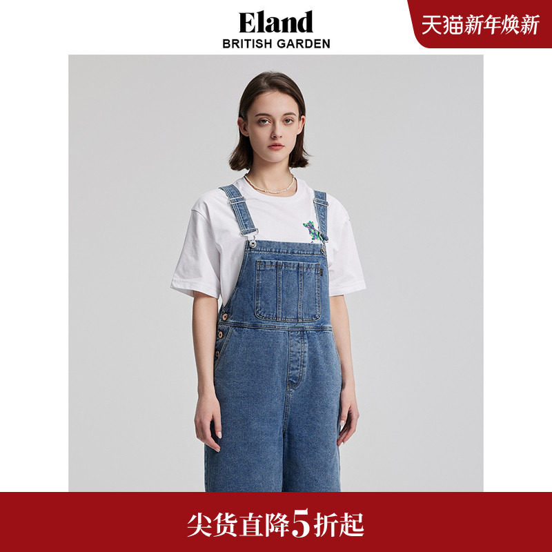 Eland衣恋背带裤牛仔裤短裤大口袋宽松休闲风女裤夏季