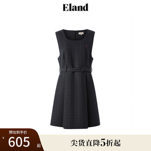 Eland衣恋连衣裙女微方领格纹学院风腰带收腰背心裙