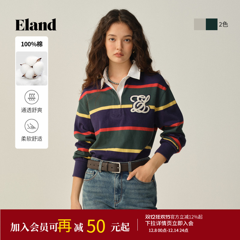 ELAND宽松条纹polo长袖T恤