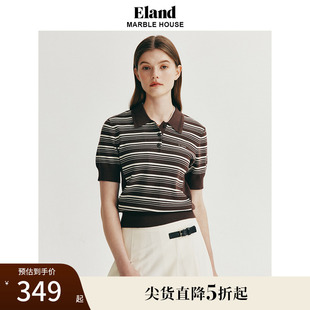 毛衣女POLO领收腰短款 Eland衣恋短袖 条纹针织T恤夏