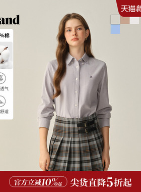 【100%棉】Eland衣恋衬衫女纯色长袖翻领上衣2025冬季新款