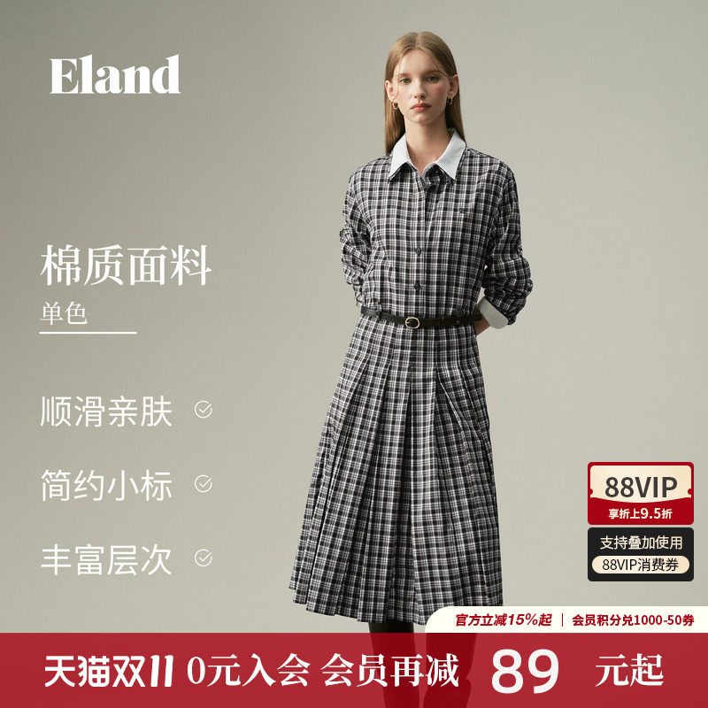 ELAND衬衫领长袖单排扣格纹裙