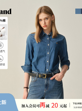 【100%棉】Eland衣恋衬衫女老钱风小翻领牛仔衫上衣2025冬季新款