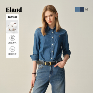 【汤圆TOYO】Eland衣恋衬衫女老钱风小翻领纯棉牛仔衫2025冬季新