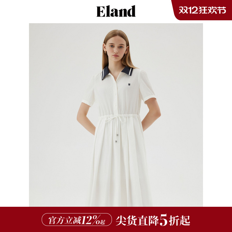 ELAND撞色翻领百褶学院连衣裙