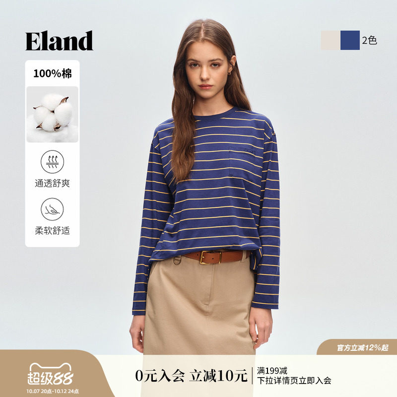【100%棉】Eland衣恋T恤女学院风圆领长袖条纹宽松上衣2026春新款