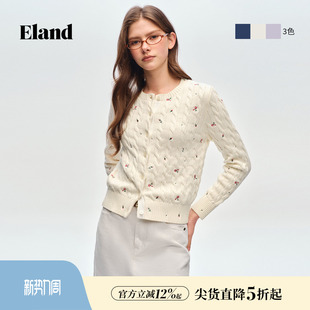 【100%棉】Eland衣恋毛针织衫女圆领花朵长袖开衫2026春夏新款