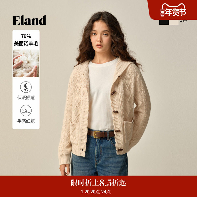 【美丽诺羊毛】Eland衣恋毛针织衫女单排扣连帽开衫2025冬季新款,女装/女士精品,毛针织衫,淘宝优惠券,粉丝福利购,淘宝优惠卷