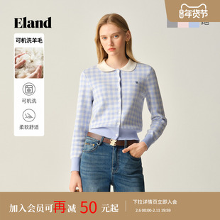 【可机洗羊毛】Eland衣恋毛针织衫女翻领长袖格纹开衫2025冬新款