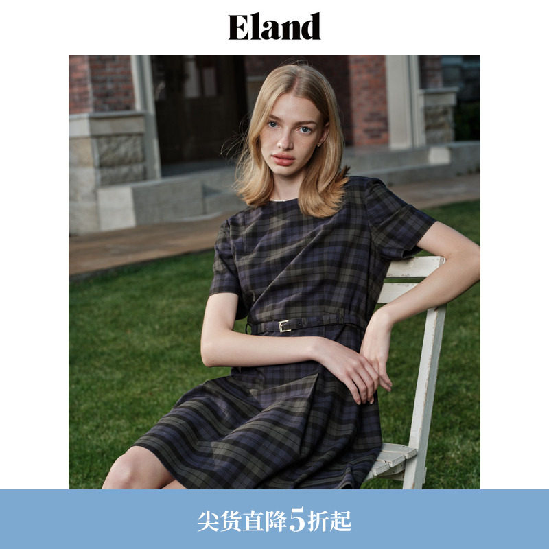 Eland衣恋连衣裙女复古格纹圆领腰带收腰显高中长裙夏季款