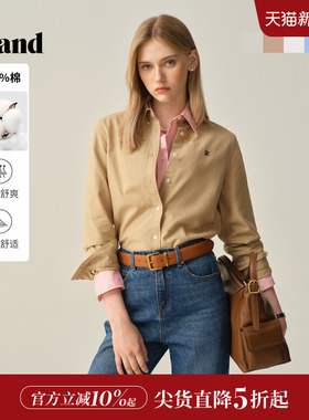 【100%棉】Eland衣恋衬衫女纯色长袖翻领上衣2025冬季新款