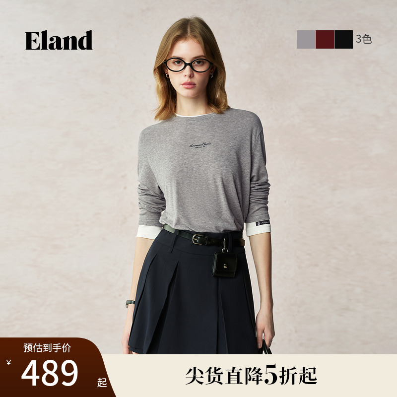 Eland衣恋T恤女圆领长袖舒适休闲薄款上衣2025夏季新款