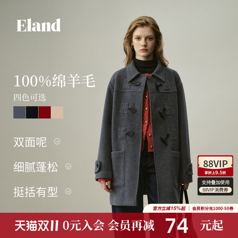 ELAND学院风牛角扣毛呢外套