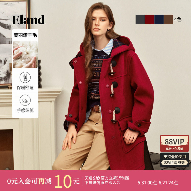 【经典长期主义】Eland衣恋毛呢外套女牛角扣羊毛大衣冬新款