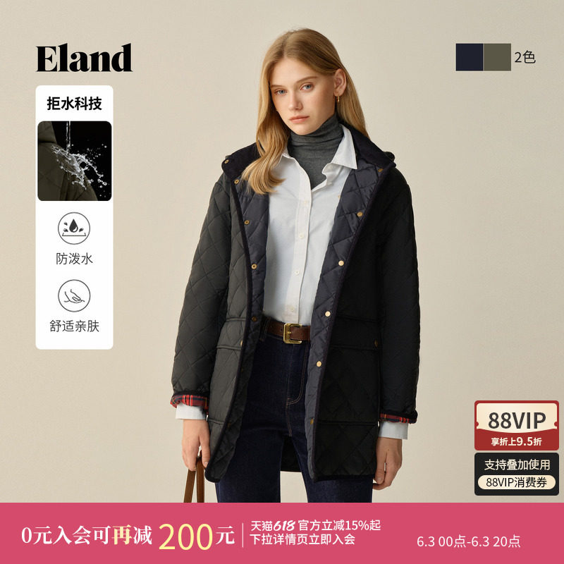 【拒水科技】Eland衣恋棉服女中长款菱格连帽含羊毛外套冬季新款