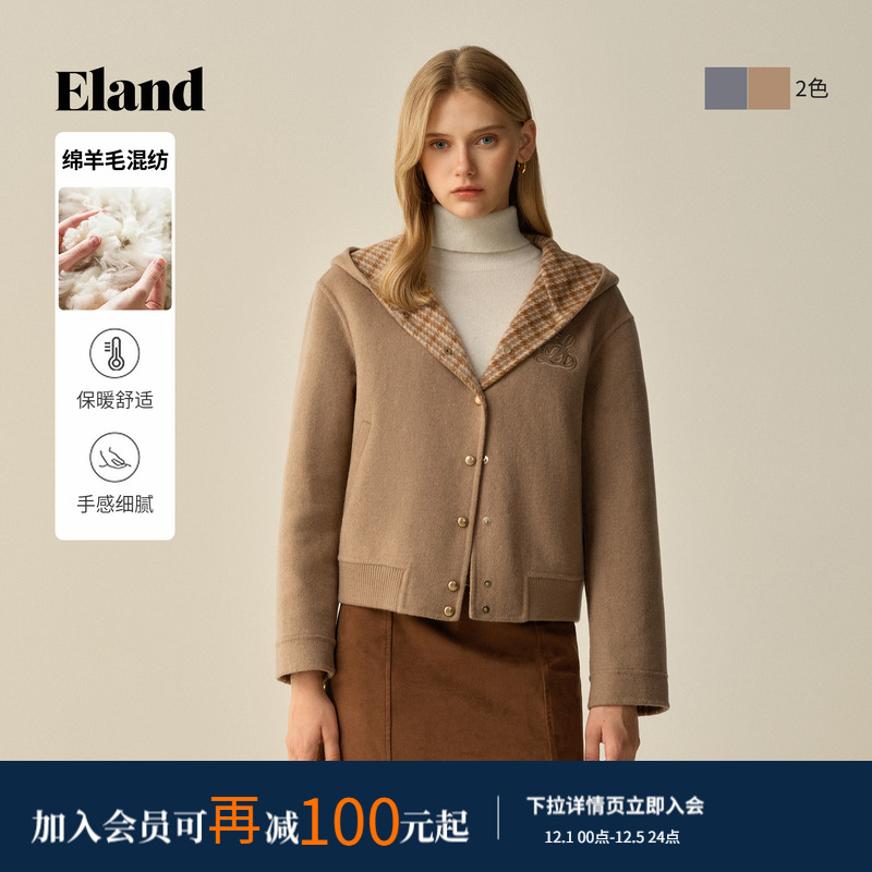 ELAND毛呢外套短款连帽上衣