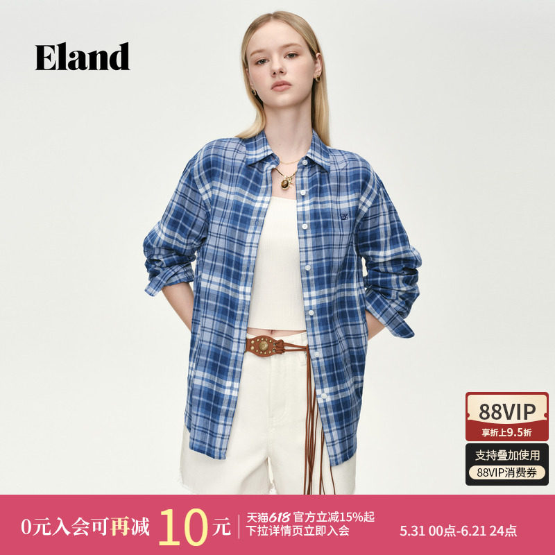 【100%亚麻】Eland衣恋衬衫女格纹连肩袖卷边宽松衬衣2026夏新款