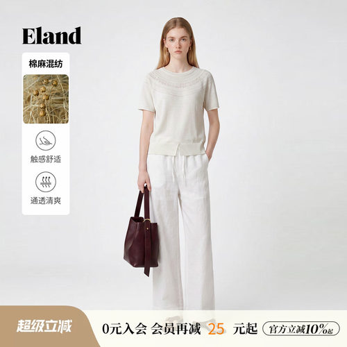 ELAND圆领镂空针织短袖上衣