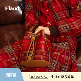Eland衣恋女士包袋单肩斜跨包格纹水桶包冬季 新款