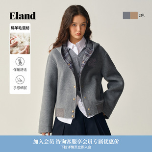 【70%绵羊毛】Eland衣恋毛呢外套女时尚短款连帽大衣2025冬季新款