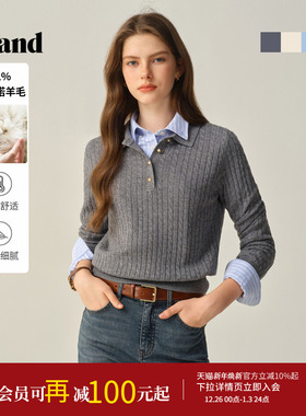 【美丽诺羊毛】Eland衣恋毛衣女翻领显瘦长袖针织衫2025冬季新款