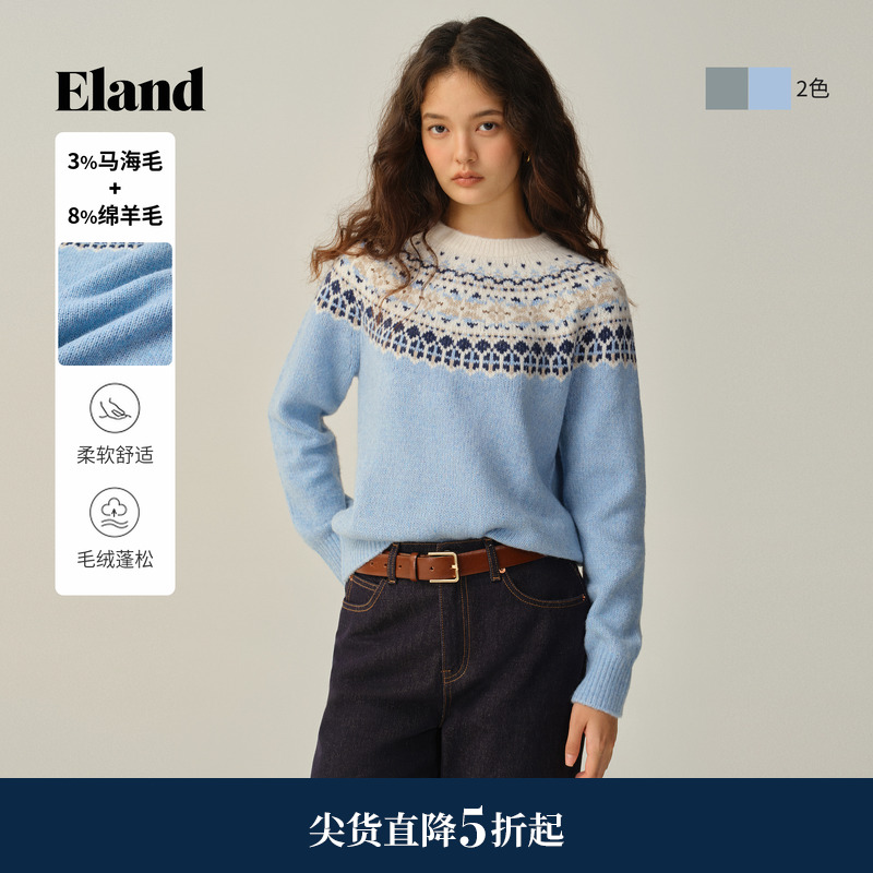 ELAND提花长袖针织衫套头