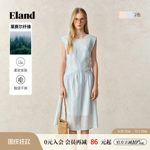 ELAND连衣裙圆领无袖纯色中长薄