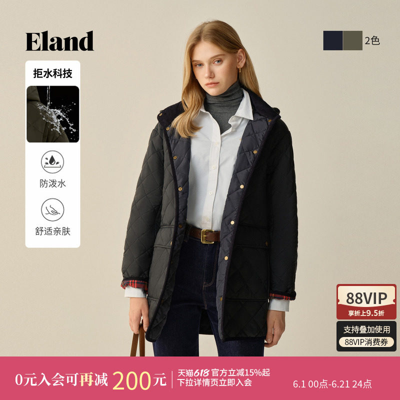 【拒水科技】Eland衣恋棉服女中长款菱格连帽含羊毛外套冬季新款