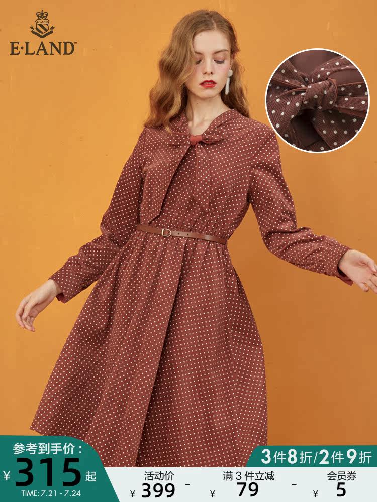 ELAND love spring and summer V-neck neckline lace-up long-sleeved dress temperament polka dot elastic waist women
