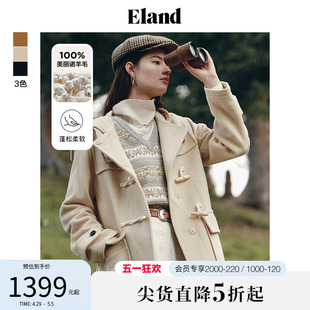 100%绵羊毛 Eland衣恋毛呢外套牛角扣羊毛大衣学院风外套女