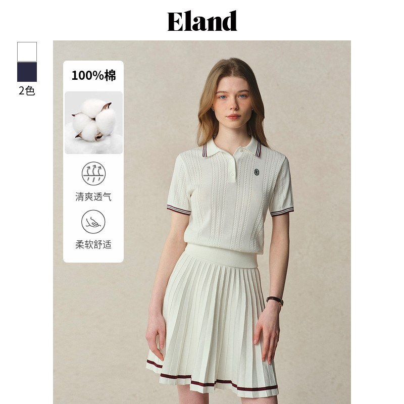 【100%棉】Eland衣恋针织T恤女polo短袖修身显瘦上衣POLO衫夏季