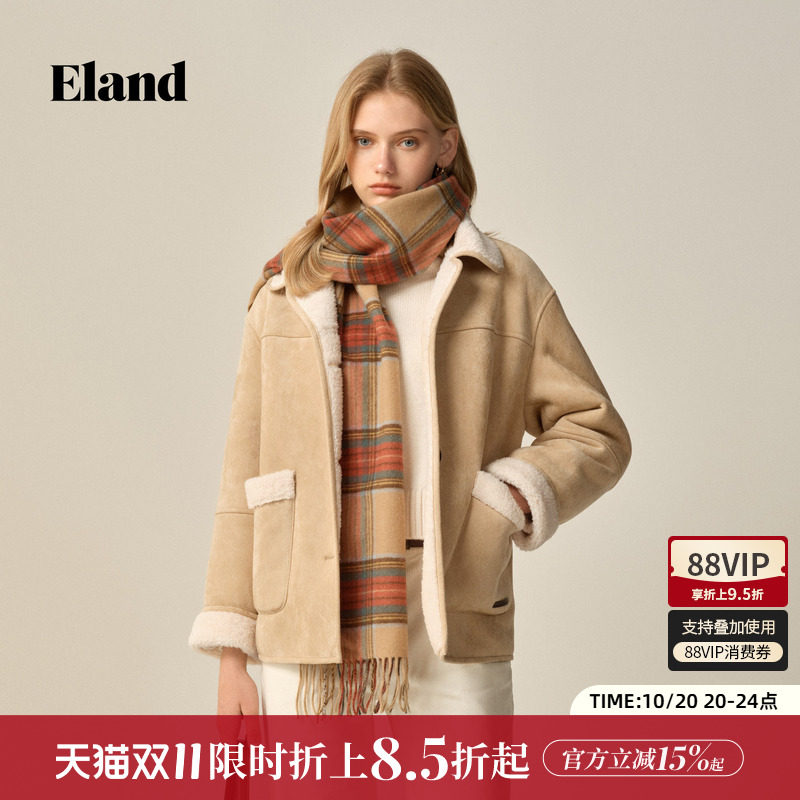 Eland衣恋仿羊羔绒外套摇粒绒外套女大口袋短外套冬季新款