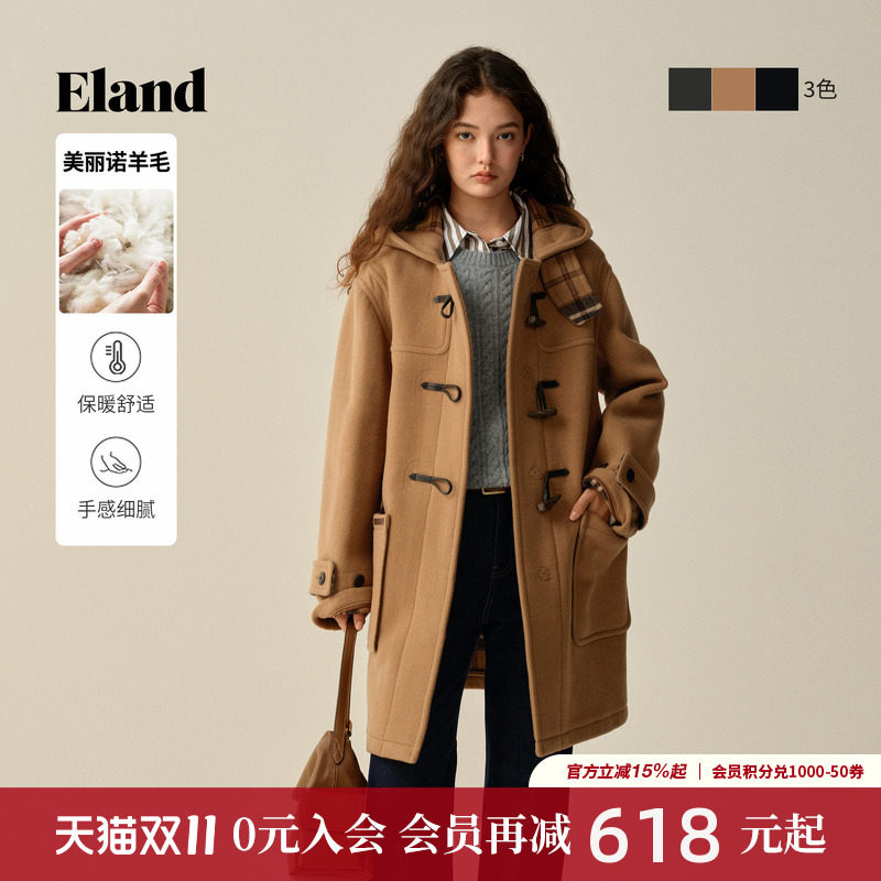 【美丽诺羊毛】ELand衣恋毛呢外套牛角扣连帽中长款羊毛大衣冬新