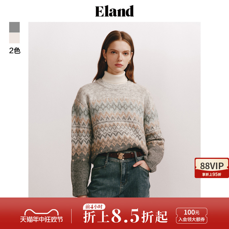 Eland衣恋圆领毛衣女宽松加厚朦胧感针织衫套头衫秋冬