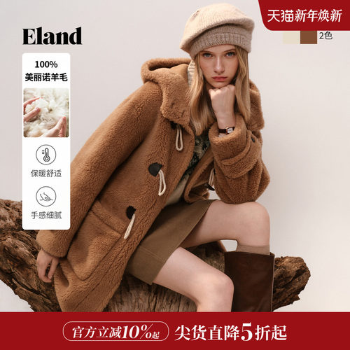 ELAND皮草宽松中长款连帽大衣