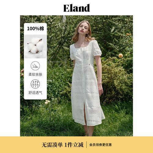 ELAND方领舒适透气泡泡袖裙子