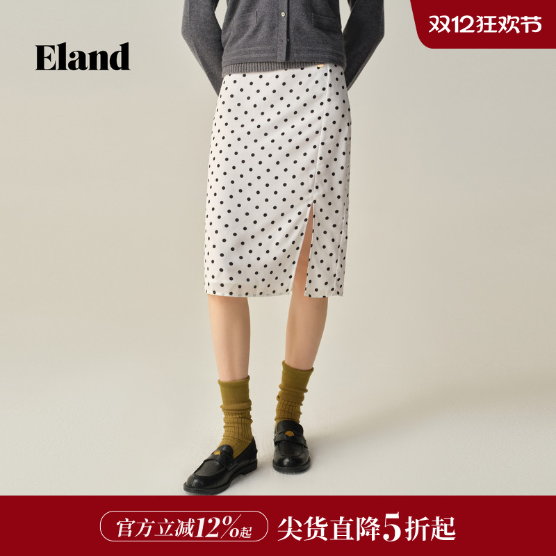ELAND直筒裙开衩中长裙波点