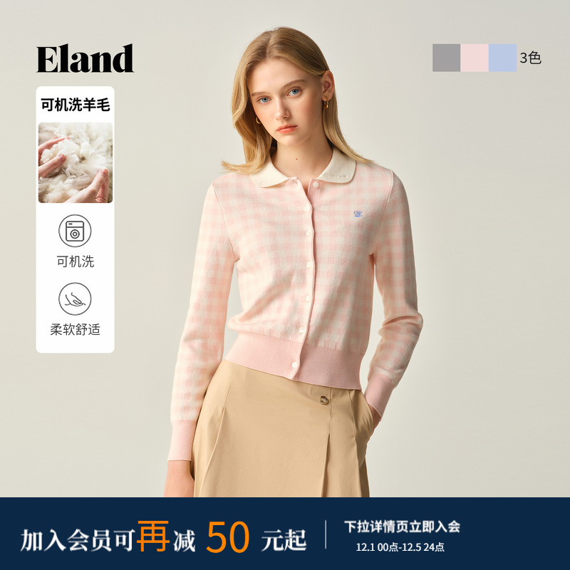 ELAND毛针织衫翻领长袖格子