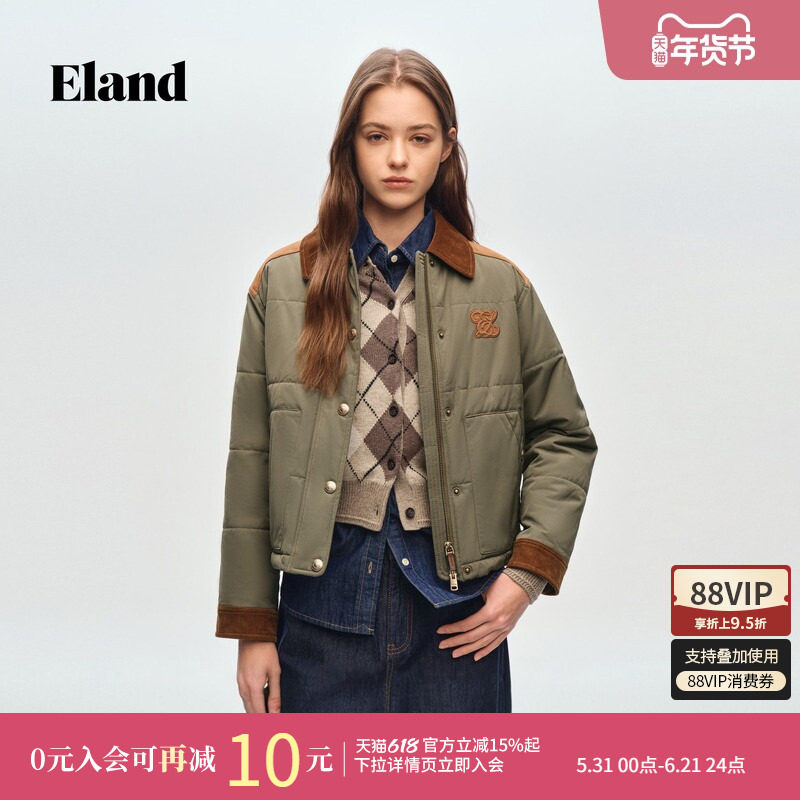 Eland衣恋棉衣女翻领长袖大口袋通勤棉服外套2026春季新款